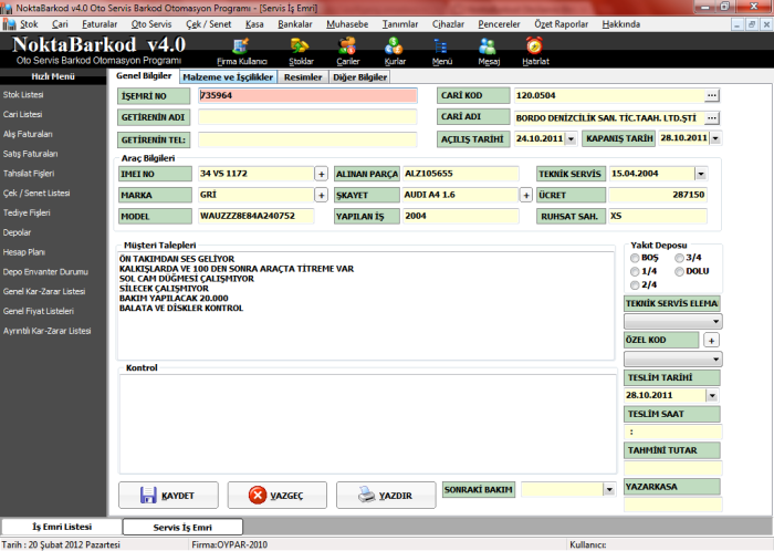 NoktaBarkod oto servis iş emri form