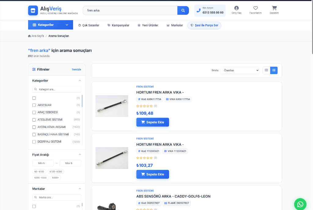 Oto Yedek Parça B2C Online Mağaza Arayüzü